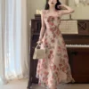 Floral Chiffon France Vintage Fairy Dress Print Korean Style Halter Dress Women BacK  less Sexy Elegant Party Midi Dresses